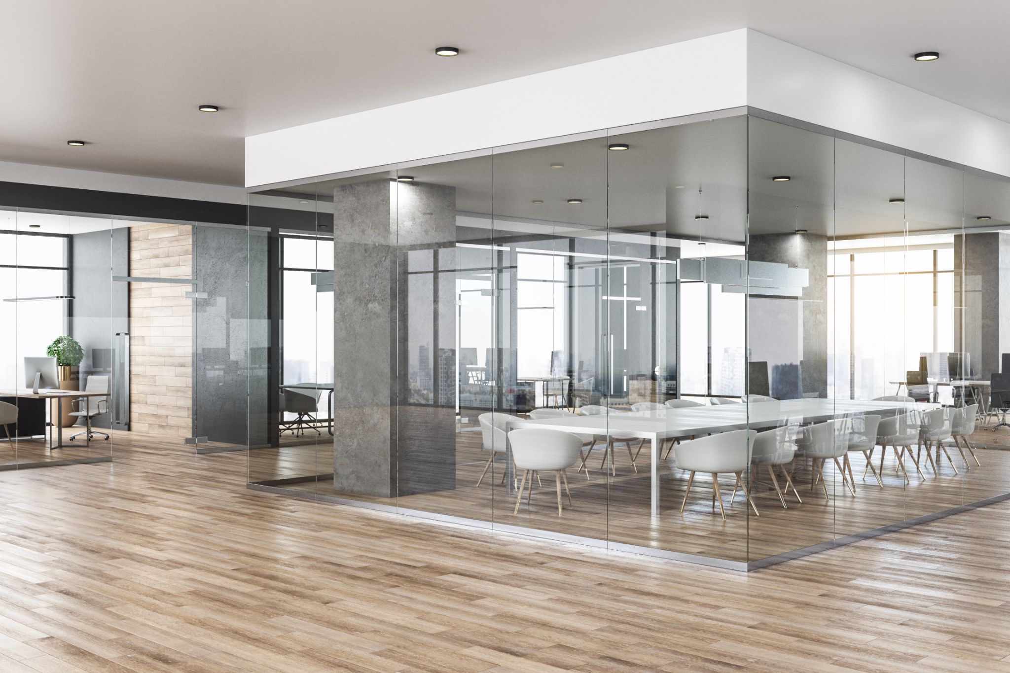 New glass concrete office interior with city view