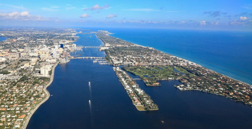Aerial view of downtown West Palm Beach, Florida, with the Lake Worth Lagoon