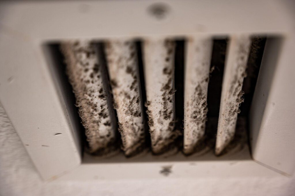 lint and dirt particles on a ceiling air vent